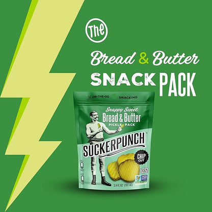 SuckerPunch Snappy Sweet Bread N’ Butter Dill Pickles Chip-Cut, Gluten Free, Kosher, Sugar Free, Low Calorie, Low Carb, on the Go, Non GMO, Keto Friendly, Vegan, 3.4 Oz Single Serve Pouch (12 Pack)