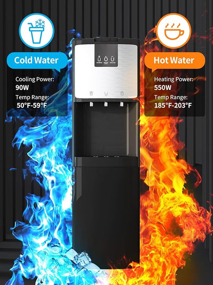 TABU Bottom Loading Water Cooler Dispenser with 3 Temperature Settings of Hot, Cold, Room Water, 3 or 5 Gallon Water Dispenser with Anti-Scalding & Child Safety Lock, Stainless Steel