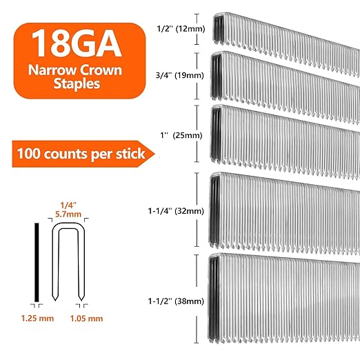 1000-Count 1 Inch Length, 18 Gauge 1/4 Inch Narrow Crown Staples, Heavy Duty Beveled Chiseled Pointed Galvanized Staples, for Pneumatic, Electric 18GA Stapler Gun
