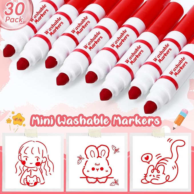 Janlaugh 30 Pcs Mini Washable Markers Bulk Broad Line Conical Tip Washable Mark Pen Set Short Coloring Paint Pen for Kid Art Projects Teacher Student Toddler Party Favors Classroom, Ages 6+(Red)