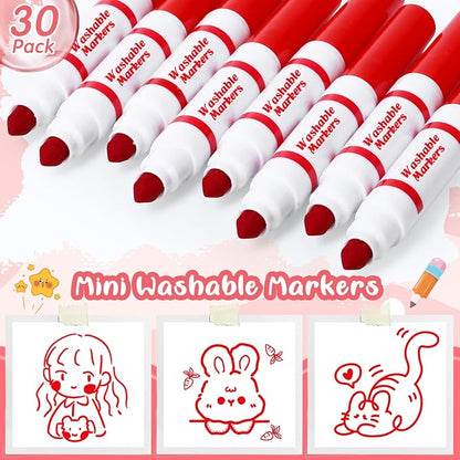 Janlaugh 30 Pcs Mini Washable Markers Bulk Broad Line Conical Tip Washable Mark Pen Set Short Coloring Paint Pen for Kid Art Projects Teacher Student Toddler Party Favors Classroom, Ages 6+(Red)