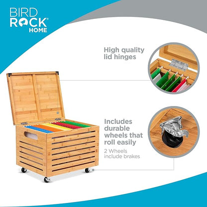 BIRDROCK HOME Rolling File Storage Organizer Box with Lid (New Version) - Bamboo Decorative Wood Hanging File Box for Letter/Legal Documents, Binders, Blankets - Durable Office Organizer - Natural