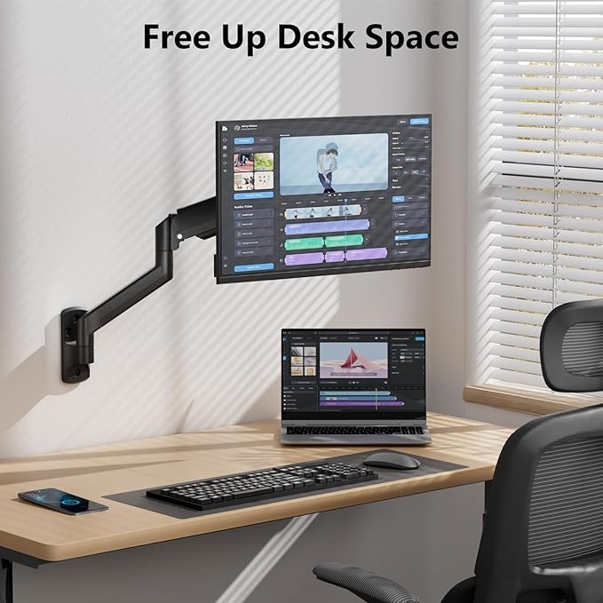 WALI Computer Monitor Wall Mount for 17 to 32 Inch Screens, Single Monitors Mount Holds up to 22lbs, Fully Adjustable Gas Spring Wall Mount Monitor Arm, 75x75/100x100mm VESA Mount (GSWM001), Black