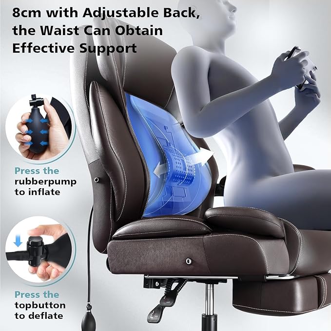 600lbs Big and Tall Office Chair for Heavy People,Heavy Duty Comfy Executive Office Desk Chair with Adjustable Lumbar Support,High Back Reclining PU Leather Computer Chair,Metal Base (Classic, Brown)