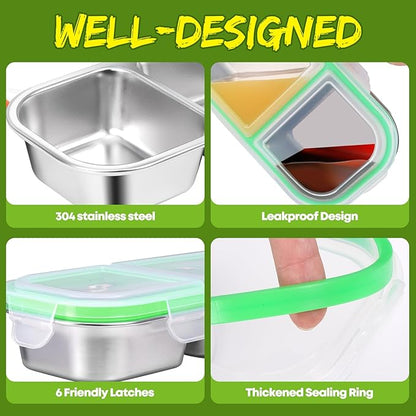 2 Pack Stainless Steel Snack Containers with Lids - Reusable 2 Compartment Snackle Box Container Divide Wet Dry Leakproof Metal Food Storage Containers for School, Home, Travel (Blue + Green)