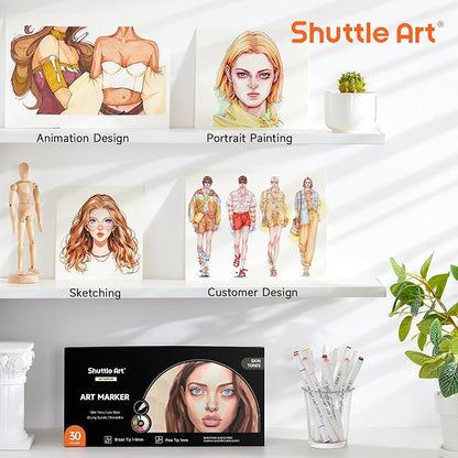 Shuttle Art 30 Colors Skin Tone&Hair Art Markers, Dual Tip Alcohol Based Flesh Color Marker Pen Set Contains 1 Blender Perfect for Kids & Adults Portrait,Comic, Anime, Manga, Illustration
