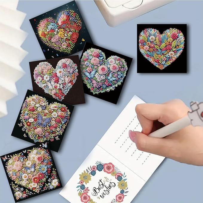 6pcs DIY Heart Flower Diamond Art Painting Greeting Cards Kit, Rhinestone Art Holiday Birthday Card Set with Envelopes, DIY Festival Craft for Girlfriend, Anniversary Valentine's Day Gift Making Supplies
