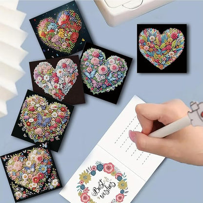6pcs DIY Heart Flower Diamond Art Painting Greeting Cards Kit, Rhinestone Art Holiday Birthday Card Set with Envelopes, DIY Festival Craft for Girlfriend, Anniversary Valentine's Day Gift Making Supplies
