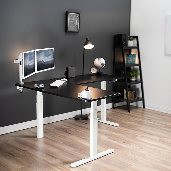 VIVO Electric Height Adjustable 67 x 60 inch Corner Stand Up Desk, 2 Black Solid Table Tops, White Frame, Memory Controller, L-Shaped Workstation, 3E Series, DESK-KIT-3E6WB