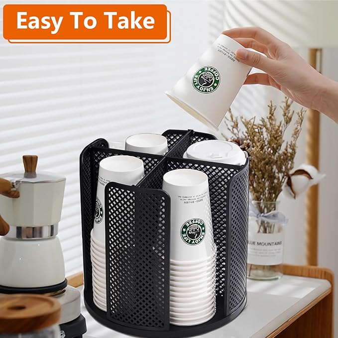 Paper Cup and Lid Holder, CITZCFYU Rotatable Coffee Cup Dispenser fit 5-16oz Disposable Cups Organizer, Plastic Cup Storage Rack for Countertop, Coffee Shop, Station, Bar, Office,Kitchen, Black