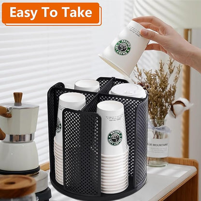 Paper Cup and Lid Holder, CITZCFYU Rotatable Coffee Cup Dispenser fit 5-16oz Disposable Cups Organizer, Plastic Cup Storage Rack for Countertop, Coffee Shop, Station, Bar, Office,Kitchen, Black