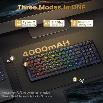 Redragon Wireless Mechanical Keyboard, 3 Mode Gasket Mounted RGB Gaming Keyboard with Volume Knob, Pre-Lubed Linear Switches, MDA-Profile, 98 Keys Hot Swappable Creamy Keyboard for PC/Tablet/Xbox/PS4