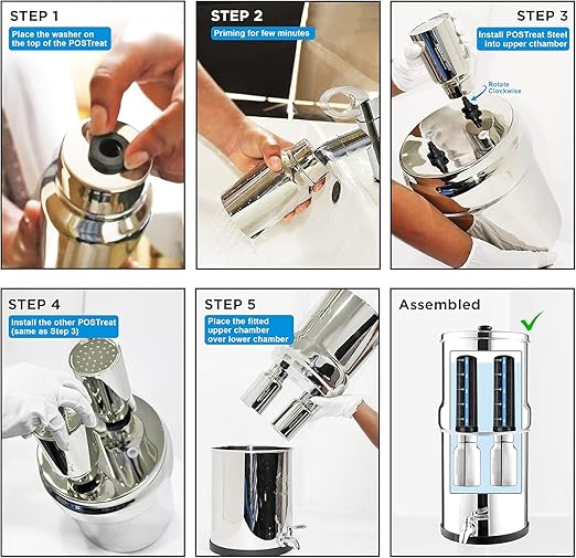 Gravity Water Filter System - 2.25 Gallons NSF Certified AISI 304 Stainless Steel Water Filter with 2 Smart Carbon Filters, 2 POSTreat Steel Fluoride Removal Elements & Free Stainless Steel Spigot