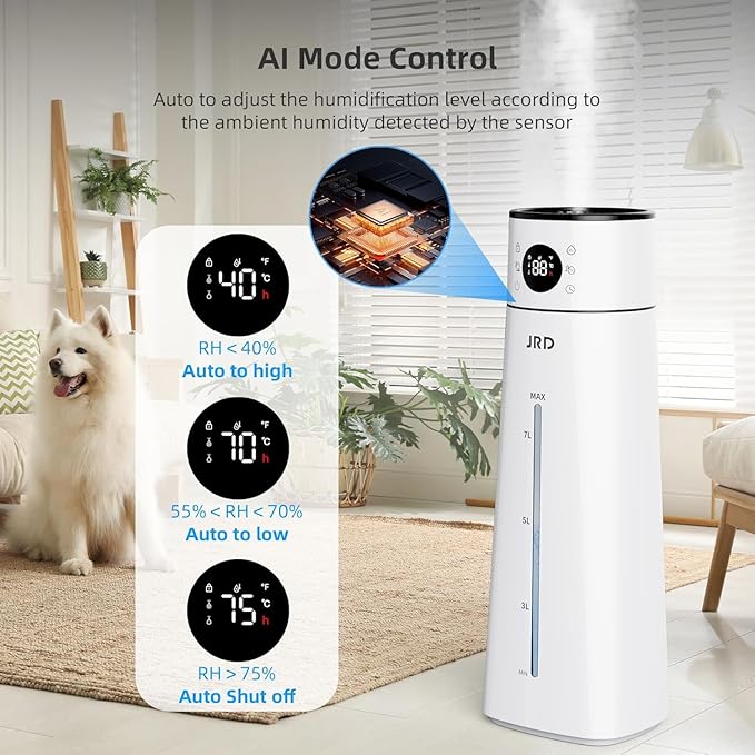 JRD Humidifier Large Room 8L/ 2.1Gal, Ultrasonic Cool Mist for Bedroom, Quiet Humidifier with Remote Control, 10 Mist Modes, 24H Timer, AI Mode for Baby Home Office Adults Plants