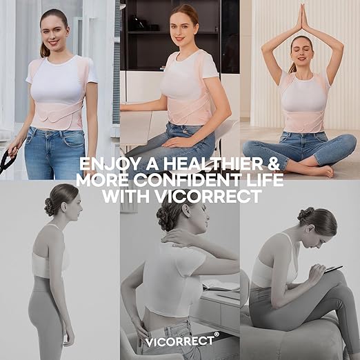 Vicorrect Posture Corrector for Women and Men: Back Support Brace Relieve Upper Back Shoulders Pain (Pink, Medium)