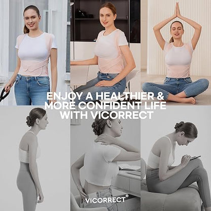 Vicorrect Posture Corrector for Women and Men: Back Support Brace Relieve Upper Back Shoulders Pain (Pink, Large)