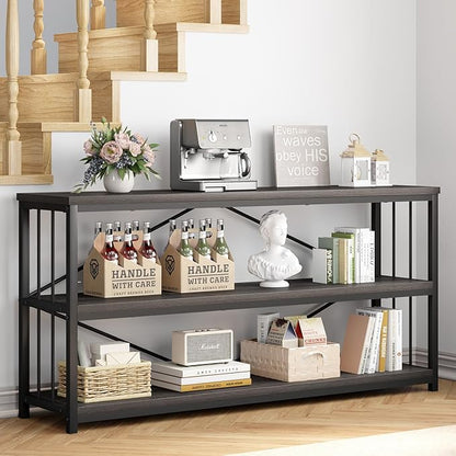 IBF Wood and Metal Book Shelf, Industrial Rustic Low 3 Tier Bookshelf, Farmhouse Long Wide Vintage Horizontal Bookcase, Modern Large Open Etagere for Home Office Living Room Bedroom, Gray Oak, 63 Inch