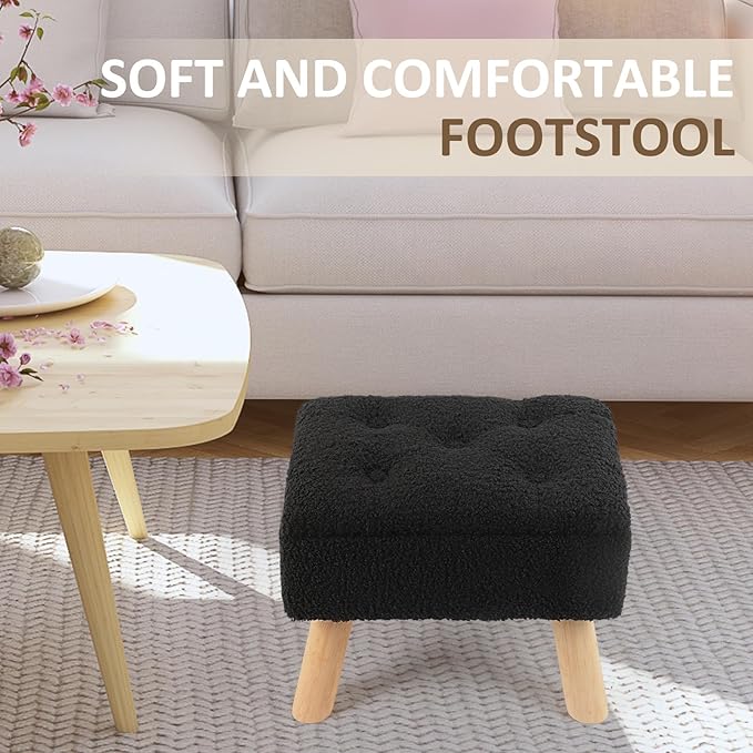 Storage Ottoman, Small Foot Stool Ottoman with Storage, Boucle Teddy Velvet Foot Rest with Padded Seat, Sturdy Wood Legs Stool for Living Room, Bedroom, Couch, Enterway (Black)