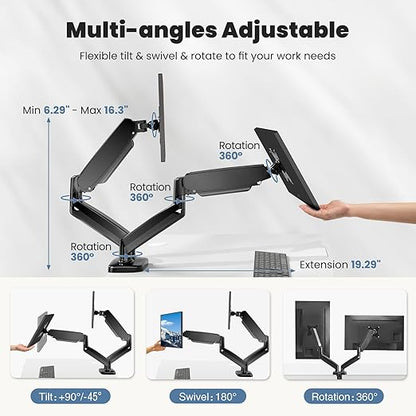 DUMOS Set of 2 Dual Monitor Stand for Desk, Gas Spring Monitor Arm for 2 Monitors Max 32 Inches, Fully Adjustable Double Monitor Mount, VESA Mount with C-Clamp/Grommet Base, Holds Screen 17.6 lbs