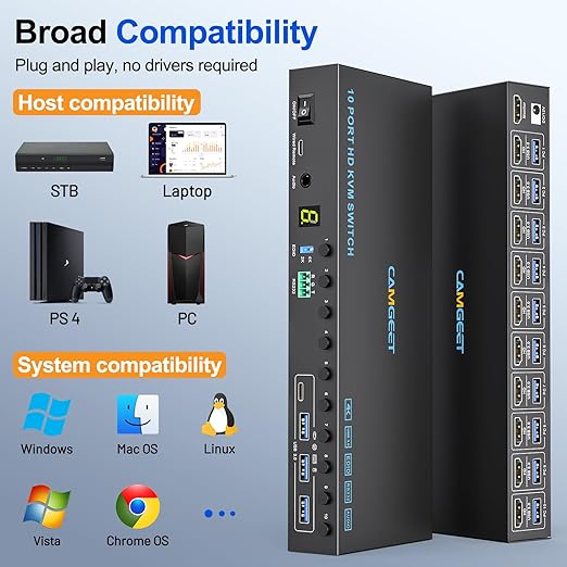 10 Port 8 Port HDMI KVM Switch 4K@60Hz EDID Simulation, USB3.0 KVM Switch HDMI for 10 Computers Share 1 Monitor and 4 USB Devices, KVM Switches with Audio RS232 Wired Remote 12V Power and USB Cable