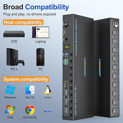 10 Port 8 Port HDMI KVM Switch 4K@60Hz EDID Simulation, USB3.0 KVM Switch HDMI for 10 Computers Share 1 Monitor and 4 USB Devices, KVM Switches with Audio RS232 Wired Remote 12V Power and USB Cable