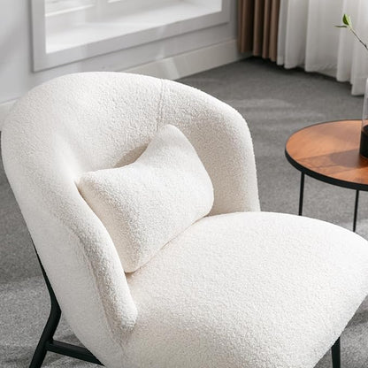 Modern Accent Chair, Upholstered Sherpa Fabric Side Chair With Small Pillow, Black Metal Legs, Comfy Lounge for Living Room Bedroom, White