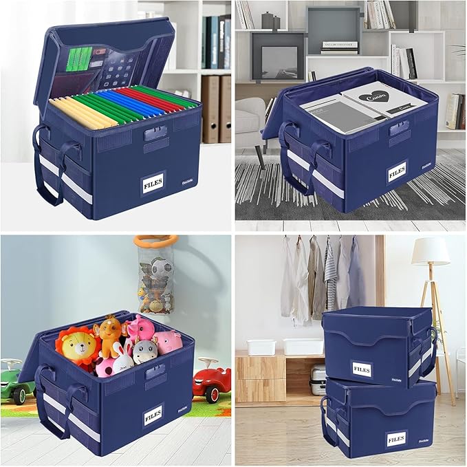 DocSafe Fireproof Document Box with Lock,File Storage Organizer with Pockets,Collapsible Portable File Box Home Office Safe Filing Cabinet with Handle for Hanging Letter/Legal Folders,Blue,2 Pack