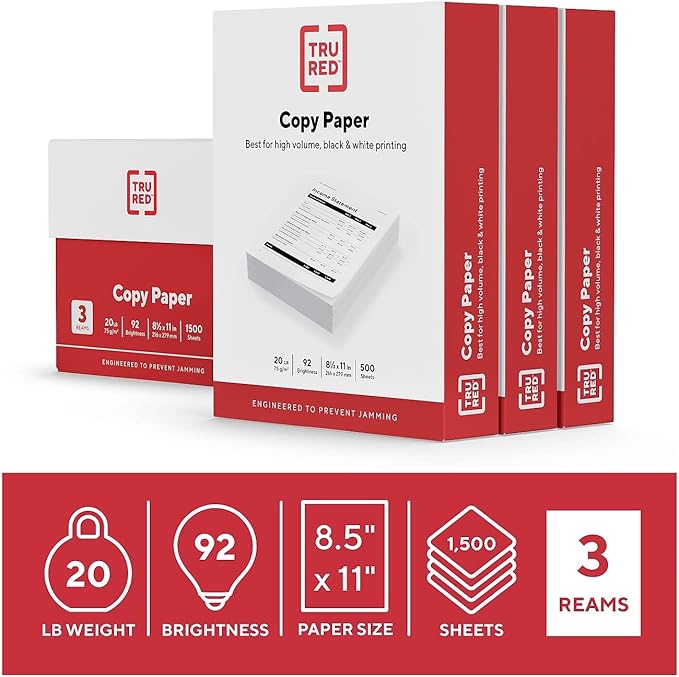 Staples TRU RED Copy Paper, 8.5" x 11", 92 Brightness, Smooth Finish Printer Paper, 20 lbs., 500 Sheets/Ream, 3 Reams/Carton, White