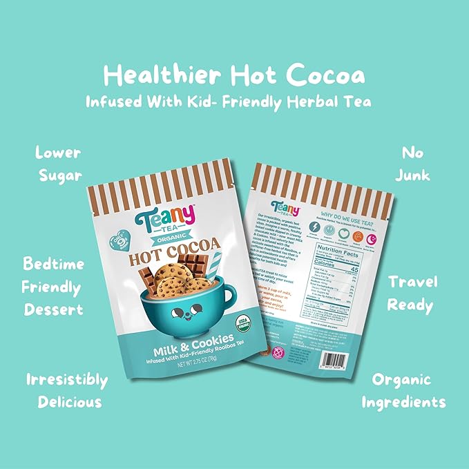 Teany Tea Organic Milk & Cookies Hot Cocoa - Everyday Hot Cocoa, Delicious, Kid Friendly, Tea Infused, Bedtime Dessert, Travel Ready, Hot Cocoa On The Go, 6 Individual Sticks Per Pouch