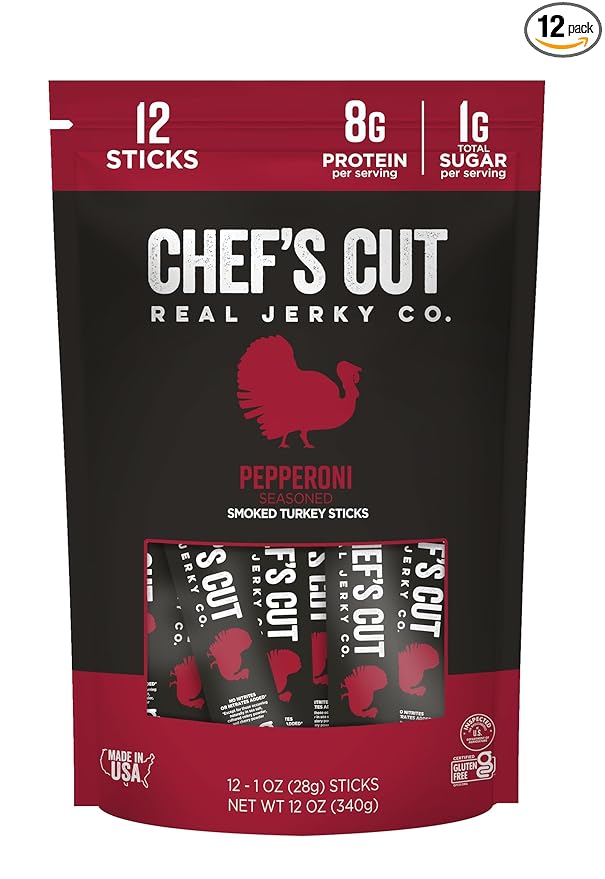 Chef’s Cut Real Turkey Jerky | Smoked Turkey Meat Sticks | High Protein Snack with 8 g Protein & 100 Calories, Gluten Free, Keto-Friendly| Pepperoni | 1 oz Stick (12-Count Bag)