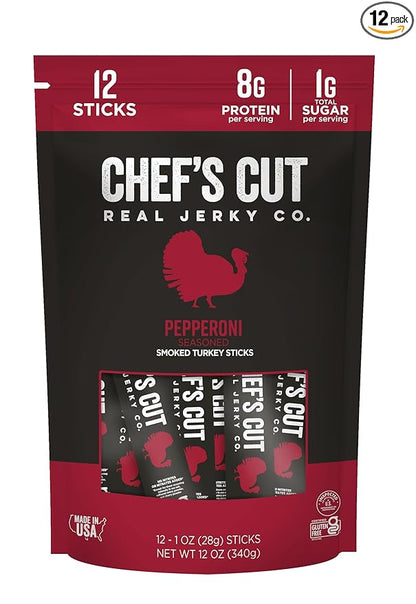 Chef’s Cut Real Turkey Jerky | Smoked Turkey Meat Sticks | High Protein Snack with 8 g Protein & 100 Calories, Gluten Free, Keto-Friendly| Pepperoni | 1 oz Stick (12-Count Bag)