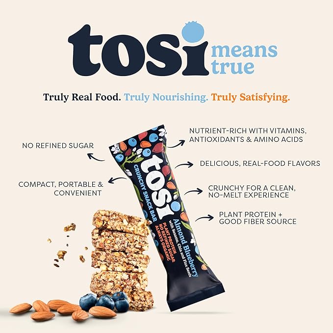 Tosi Nut Bars, Almond Blueberry, Healthy Snacks for Adults & Kids, Plant Based Crunchy Bars (5G Protein), Organic Keto Snacks, Vegan, Gluten & Soy Free, Low Sugar, Omega 3s, 1oz, 12-Pack