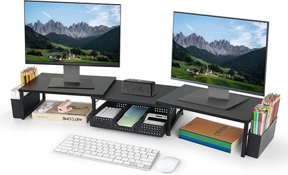 OPNICE Desk Dual Monitor Stand Riser - Desk Organizer with Drawer and Pen Holders, Office Desk Accessories & Workspace Organization, Computer Monitor Stand for Laptop, Printer, TV(Black Wood)