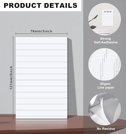Pack of 400 Sticky Notes White Self-Adhesive Notes 76 x 127 mm, Sticky Notes Large Lined Sticky Note for Marking Pages for Office, Study, Home - 8 Pack/400 Sheets