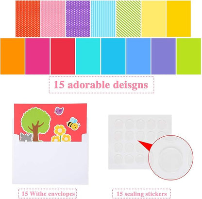 Outus 15 Pcs Greeting Card Making Kits, Including 3 Sheets Stickers, 15 Blank Envelopes and 15 Seal Stickers, Thank You Card Kit for DIY Handmade Making Crafts Supplies