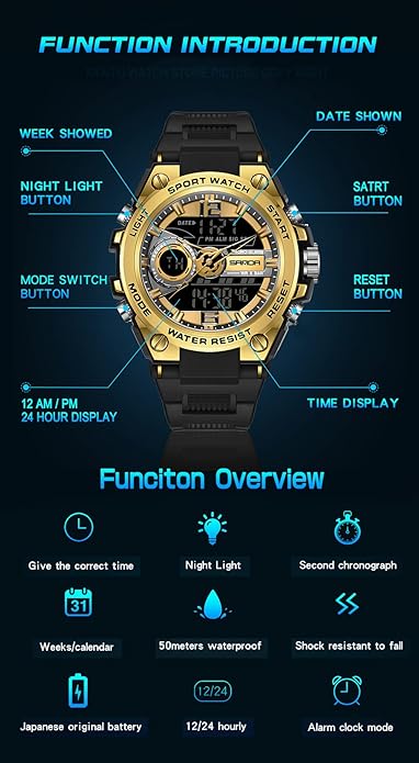 KXAITO Men's Watches Sports Outdoor Waterproof Military Watch Date Multi Function Tactics LED Alarm Stopwatch