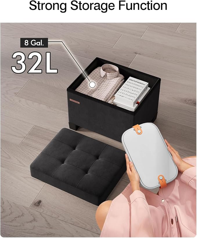 Cube Storage Ottoman, Velvet Foot Stool with Feet, Folding Storage Bench, End of Bed Bench, Storage Chest, for Living Room, Bedroom, 12.6 x 15.8 x 13.2 Inches, Black, ASND21B