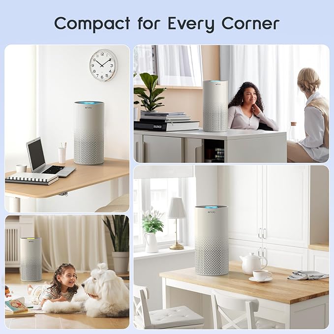Afloia Air Purifier for Home Bedroom Large Room Up to 1076 Ft², 3-Stage Filter Air Purifiers for Bedroom, Remove Dander Pets Hair Pollen Mold Smoke, 7 Colors Light, Kilo Grey