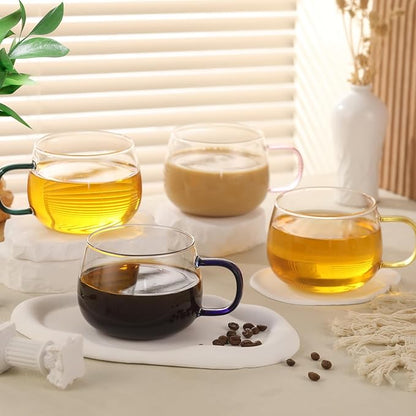 Glass Tea Cups Set of 4, Clear Borosilicate Glass Teacups with Colorful Handle for Tealover, Dishwasher & Microwave Safe Large Coffee Mugs for Espresso Cappuccino Latte Juice, 12OZ/360ML