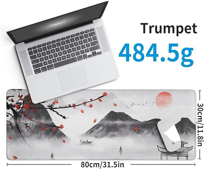 Japanese Cherry Blossom Gaming Mouse Pad Large Desk Mat,Big Desk Pad with Stitched Edge Non-Slip Rubber Base,Office Decor Organizers and Accessories