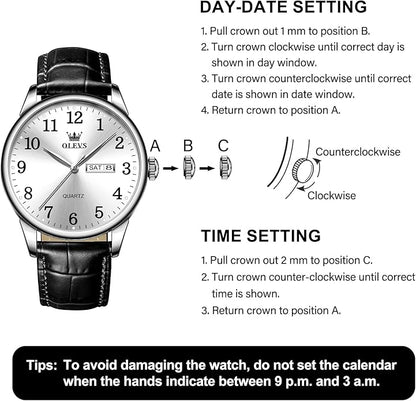 Men's Casual Leather Watch, Easy to Read Three-Hand Analog Stainless Steel Watches for Men, Minimalist Day Date Waterproof Luminous Mens Quartz Wristwatch