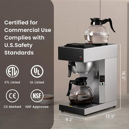 SYBO 12-Cup Commercial Drip Coffee Maker, Pour Over Coffee Maker Brewer with 2 Glass Carafes and Warmers, Stainless Steel Cafetera SF-CB-2GA