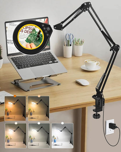 10X & 5X Magnifying Glass with Light, Ultra Long Swing Arm, 5 Colors & 10 Brightness, Real Glass Lens Large Magnifying Lamp for Craft Painting Workbench Jewelry Making Hobby Close Work (Yellow)
