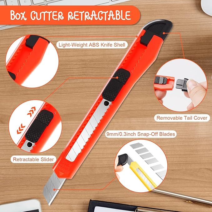 Box Cutter Retractable - 4 Pack - Premium Utility Knife - 9mm Wide Snap-Off Blades Razor Knife - Box Opener for Cutting Carboard, Boxes - Exacto Knife Box Knife for Home, Office, Craft Use