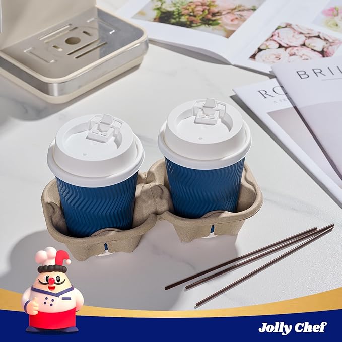JOLLY CHEF 100 Pack Disposable Coffee Cups, 12oz To Go Paper Coffee Cups with Lids and Stirrers for Hot Beverage