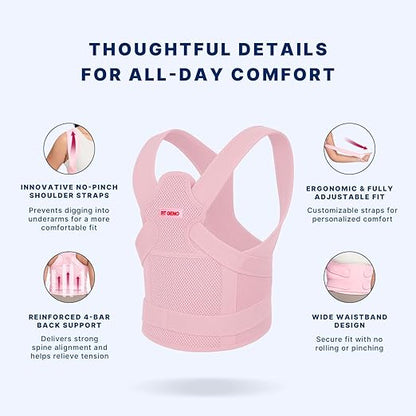 Fit Geno Back Brace and Adjustable Posture Corrector And Trainer for Women and Men, Back Straightener, Scoliosis and Hunchback Correction, Back Pain, Spine Support, Pink, Medium (Waist 34-41 Inch)