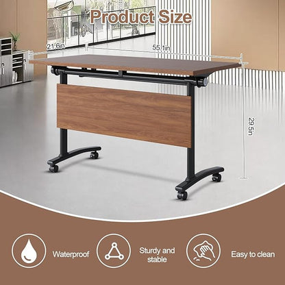 Conference Table, Foldable Conference Room Tables with Silent Wheels, Folding Modular Seminar Meeting Tables, Modern Rectangle Training Table for Office, Boardroom (2, Walnut, 55.1)