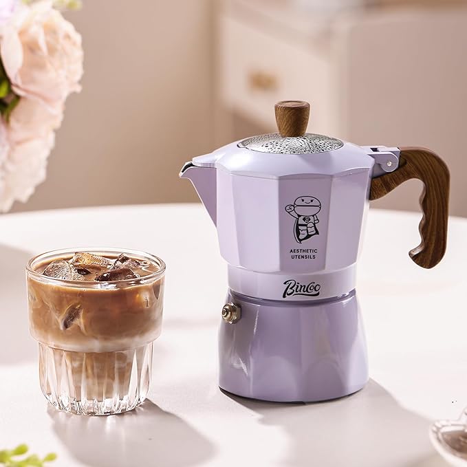 Bincoo Espresso Maker Stovetop - 2 Cup/120ML Small Stove Top Espresso Italian Coffee Maker, Camping Moka Pot- Portable, Ideal for Home and Camping (Purple)