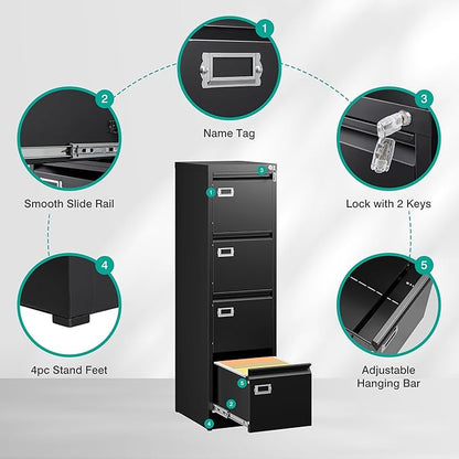 SISESOL 4 Drawer File Cabinet with Lock and Tag,Black Vertical File Cabinet,Narrow Locking Filing Cabinets with Drawers,Metal Filing Storage for Home Office Fit A4 Legal/Letter Size