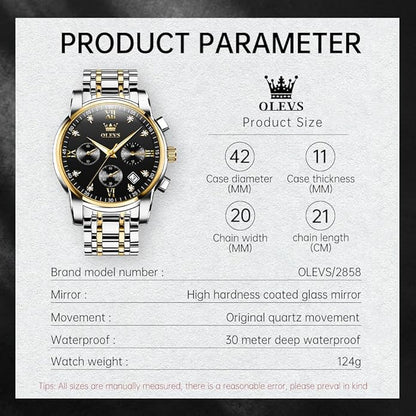 OLEVS Men's Luxury Watch Waterproof Luminous Easy Read Chronograph Watches Full Gold/White Dail/Black Face with Calendar Wristwatch